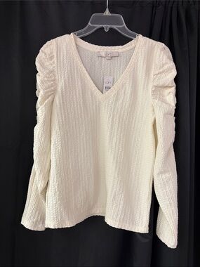 LOFT Cream Textured V-Neck Long Sleeve Top with Ruched Shoulders
